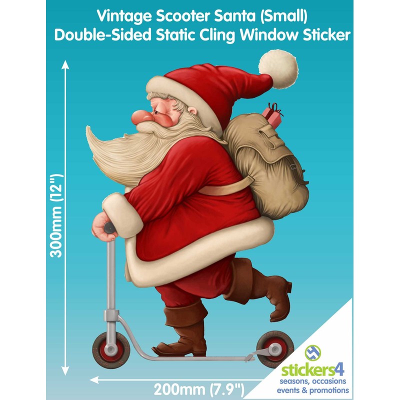 Vintage Scooter Santa Double-Sided Window Cling Sticker - Christmas Window