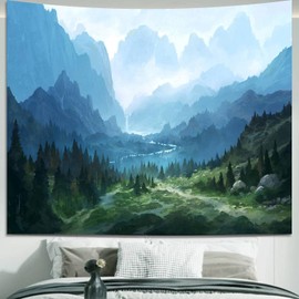 FENDROM Forest Tapestry for Bedroom Aesthetic Nature Foggy Mountain Tree Wall Tapestry Landscape Backdrop Green Woodland Scenery Wall Hanging for Living Room Ceiling Decor