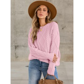 ANRABESS Sweaters for Women Oversized Crewneck Long Sleeve Casual Loose Cable Knit Pullover Tops 2025 Fall Vintage Clothes Pink Large