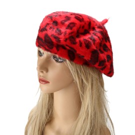 Joylife Fluffy Leopard Print Beret Hat Trendy Cheetah Pattern French Hats Winter Warm Artist Caps for Women Lady, Red