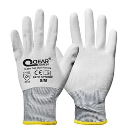 QEARSAFETY 12 Pairs White Thin PU Palm Coated Work Safety Gloves, Knitted Liner, Multi-Function, Light-Weight, Sensibility, Breathable, Grip, General Purpose Job Handling (9/L, white)