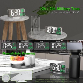 KOSUMOSU Alarm Clock for Bedroom, 6.7" Led Desk Digital Clock,Mirror Clock,Dual Alarm Clock for Living Room with Seconds,Date,Week,12/24h,Dimming,Temp