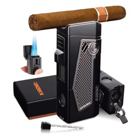 All-in-one Cigar Lighter with Quad Jet Torch Flames, Cigar Stand, Cigar Punch, Cigar Draw Enhancer, Cigar Accessories 4-in-1, Stylish Gifts for Men, Refillable Cool Butane Lighters for Smoking, Candle
