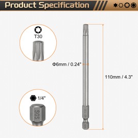 sourcing map T30 Torx Head Screwdriver Bit 1/4" Hex Shank 4.3" (110mm) Long Magnetic No Hole Tip Tamper Proof 6 Point Star Screw Driver Drill Bits S2 Steel Industrial Power Screwdrivers