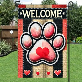 BlissYard Happy Valentine's Day Garden Flag Paw Print Love Hearts Valentines Day Garden Flag 12x18 Inch Double Sided Welcome Stripes Rustic Yard Outdoor Decor Decoration