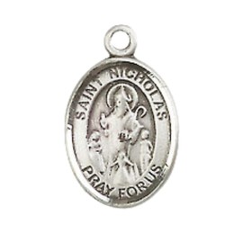 Women's Pewter Saint Nicholas Medal Pendant on 18 Inch Rhodium Plated Lite Curb Brass Chain with Lobster Claw Clasp, Catholic Religious Necklace - Made in USA- Velvet Gift Box