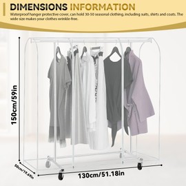 WIYETY Waterproof Clothes Rack Protective Cover: Translucent Garment Bags with Zip, Clear Transparent Clothes Rack Cover with Zip Clothes Rack (130 x 50 x 150 cm)