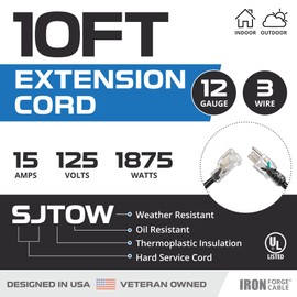Iron Forge Cable 12 Gauge Outdoor Extension Cord 10 Ft, SJTOW 12/3 Heavy Duty Extension Cord 3 Prong, Oil Resistant & Flame Retardant - Lighted End