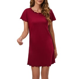 Hotolove Women's Nightgown Short-Sleeved Nightwear Night Sleep Shirt Short-Sleeved Sleep Shirt T-Shirt Sleep Shirt red S