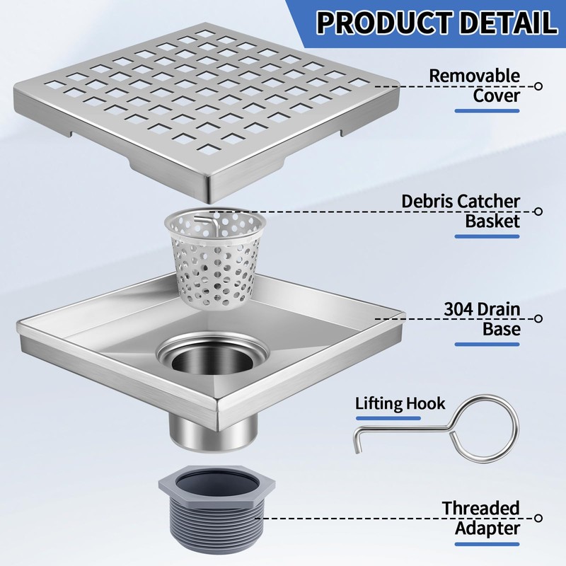 Boltigen Square Shower Drain, 304 Stainless Steel 4 inch Shower