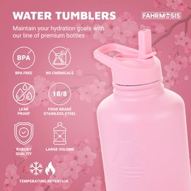 FAHRMOSIS 64 Oz Water Bottle with Straw & Holder Strap | Insulated Water Bottle Water Jug Includes 3 Lids Water Bottles | Stainless Steel Water Bottle for Men & Women - Pink (Solid)