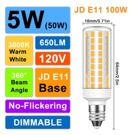 TZHILAN JDE11 Led Bulbs, 120V 50W Halogen Equivalent Dimmable,T3 T4 Mini Base JD E11 Bulb, 3000K Warm White 5W 650lm E11 for Chandeliers, Candelabra, Ceiling Fan, Cabinet Lighting, 5-Pack