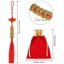 6 Pieces Chinese Lucky Coins Feng Shui Coins Knot Emperor Lucky Coins I-Ching Fortune Coin and Storage Bag for Good Luck and Healthy