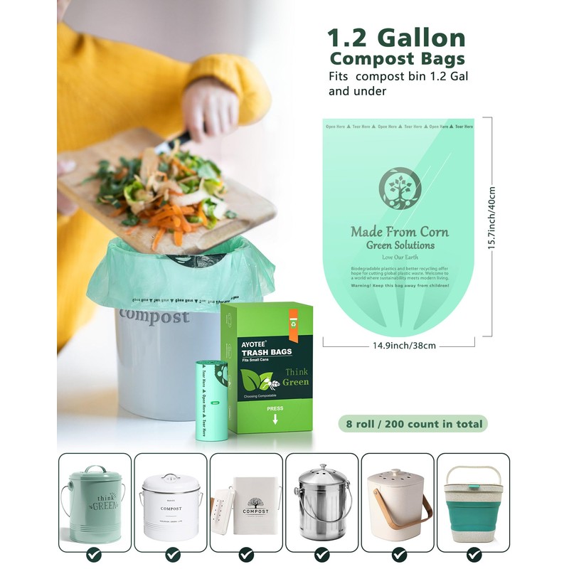 AYOTEE 200 Count 1.2 Gallon Small Biodegradable Trash Bags, Compost