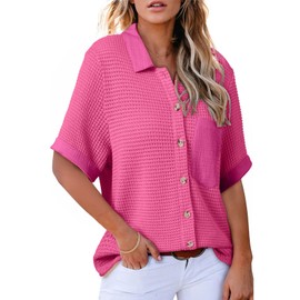 Astylish Womens Collared V Neck Ribbed Knit Blouse Cardigans Summer Tops 2024 Waffle Knit Button Down Shirts Medium Rose Red