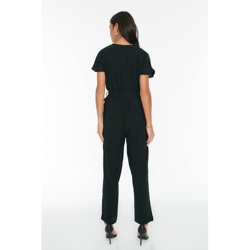TRENDYOL Women's Belted Chest Collar Jumpsuit, black