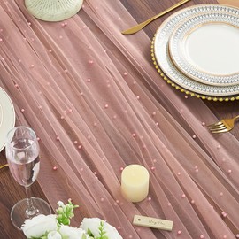 Pearl Table Runner Tulle 120 Inch 10FT Summer Sheer Gauze Dining Wedding Birthday Party Baby Shower Bridal Anniversary Holiday Table Decor for Home Party (Dusty Pink, 30" x 120")