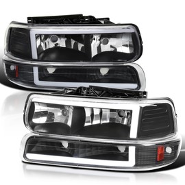 Spec-D Tuning LED Bar Black Housing Clear Lens Headlights + Bumper Lights 4PC Compatible with 1999-2002 Chevy Silverado 2000-2006 Tahoe Suburban Left + Right Pair Headlamps Assembly