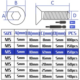 Pack of 150 Countersunk Screws M5 x 12 mm Stainless Steel Hexagon Socket M5 Stainless Steel Screws DIN 7991/ISO 10642 Countersunk Screws Socket Threaded Screws Countersunk Screw with 2 Hexagonal