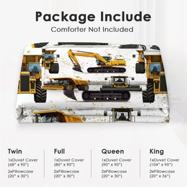 Juego de ropa de cama de tractor con temática de construcción de camiones, funda de edredón para coche, decoración de recámara, suave, tamaño individual, matrimonial, tamaño king, con 2 fundas de