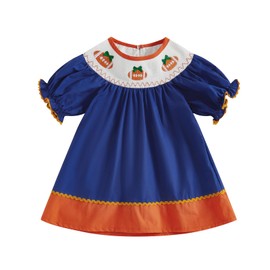 Toddler Baby Girl Football Outfit Smocked Dress Puff Sleeve Rugby Embroidery Dresses Girls Summer Game Day Clothes (Blue, 18-24 Months)
