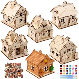 Fullhawl 6 Sets DIY Wooden Christmas Gingerbread House Kit to Build with Paint Paintbrushes and Gingerbread Man Stickers 3D Christmas Tree Ornaments for Fun Craft Activity Creative DIY Art Project