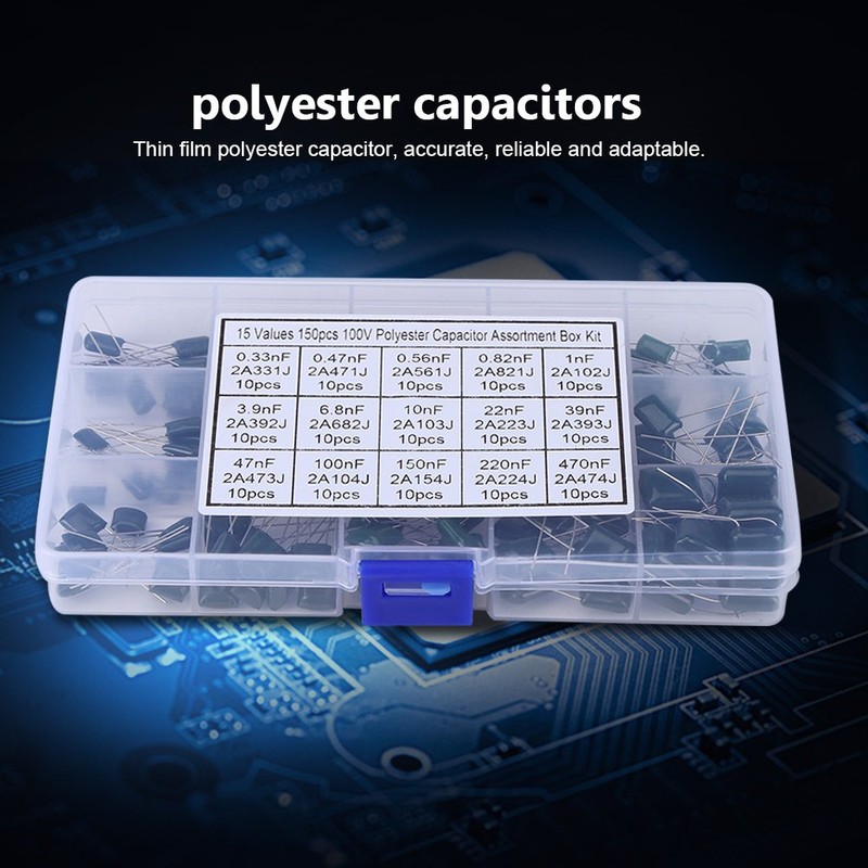 15 Value 150 Pieces Polyester Capacitors Assortment Kit Box 100V