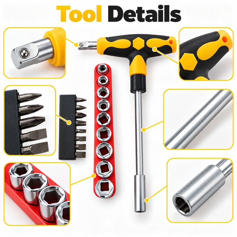 Screwdriver Set with T-Shape Handle, Phillips, Slotted, Hexagon, Plum-Shaped Bits