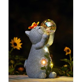 Goodeco Solar Cat Garden Statue - Outdoor Cat Decor with Solar Butterfly & Succulent Flowers LED Lights for Cat Lovers and Garden Enthusiasts - Ideal Gifts for Mom & Birthdays