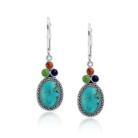 South Western Style Stabilized Turquoise Oval Lapis Coral Lever Back Dangle Drop Earrings For Women .925 Sterling Silver