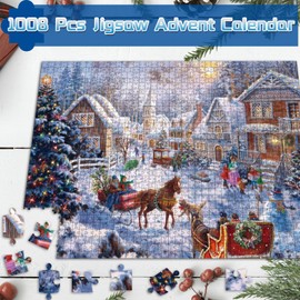Advent Calendar 2024 Jigsaw Puzzles 1008 Pieces, Christmas Adventures Jigsaw Puzzle for Kids and Adults, 24 Days 24 Boxes Christmas Countdown Calendar, Winter Puzzle Gifts for Home Decoration