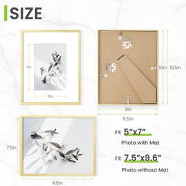 8x10 Picture Frame, Gold Aluminum 8x10 inch Photo Frame, 8x10 Picture Frame with Mount for 5x7 Inch Display Tempered Real Glass Tabletop & Wall Mounting Display Poster Frame for Home & Wall Decor