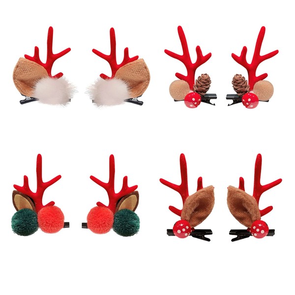Golden Apple 4 Pairs Girls Novelty Antlers Hair Clips Women Hair Clips Cute Deer Horn and Ears Christmas Hair Pins Christmas Party Accessories (Red)