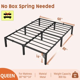Queen Bed Frame 14 Inch Height – High Platform Metal Bed Frame Queen Size, No Screws Needed, Steel Slat Support with Underbed Storage Space, Ideal for Apartments, Dorms, and Guest Use, 800 lbs Capacit