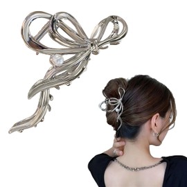 Coollooda Hair Clip, Korean Style Clip, Simple, Lightweight, Durable, Easy to Arrange Your Hairstyle, Metal, Silver Ribbon Design, Makes a Small Gift for Everyday Use, Office Work, etc