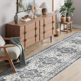 Dripex Hallway Runner Rug 2x10, Washable Rug Kitchen Rug Non Slip with Rubber Backing Soft Thin Vintage Carpet Runner for Entryway Bedroom Bathroom Laundry Room Living Room Decor, Dark Blue