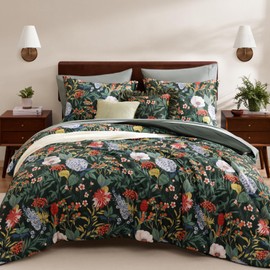 WRENSONGE King Size Comforter Set-7 Pieces Green Botanical Floral Bedding, Flowers Printed Design King Bed in a Bag with Botanical Flowers Comforter, Sheets, Pillowcases & Shams