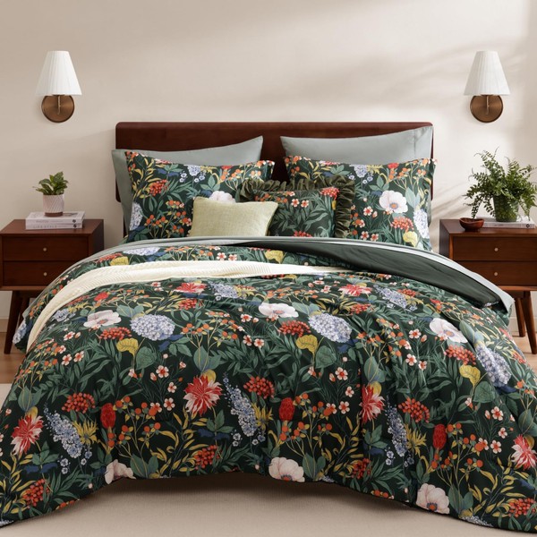 WRENSONGE King Size Comforter Set-7 Pieces Green Botanical Floral Bedding,