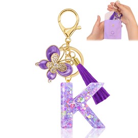 Fengguock Key Fob Key Letter Pendant Key Ring with Initial Letter Girls Keychain with Butterfly Gift for Girls Purple, Purple-k