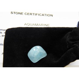 Fundamental Rockhound Products: One (1) Blue Aquamarine Tumbled Stone Gemstone Crystal with Carrying Pouch, info Card, Stone Certification (Small)