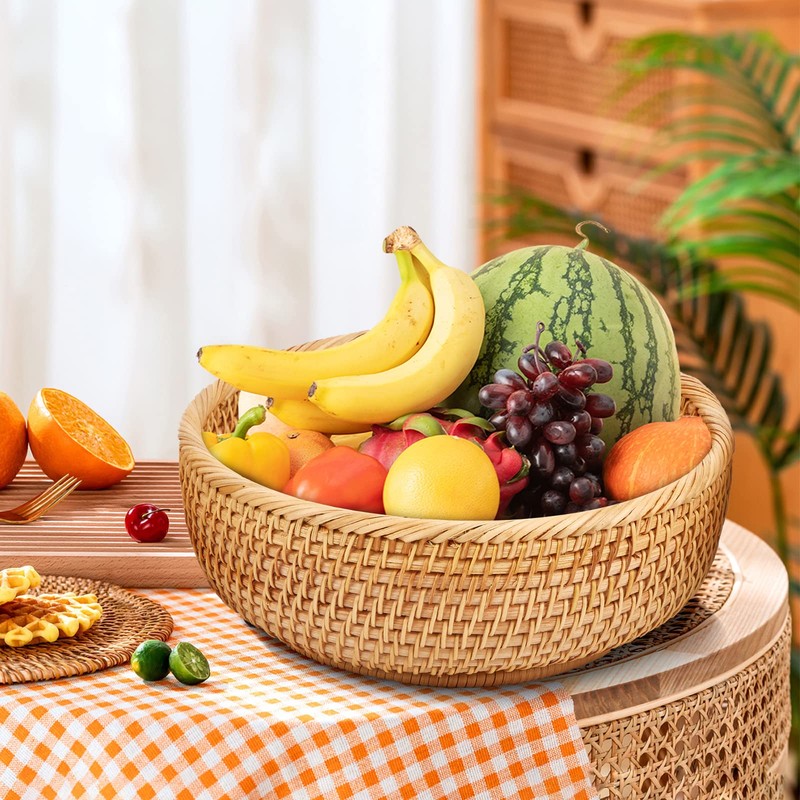 Whalehub Natural Rattan Round Fruit Basket Bowls, Hand Woven Decor
