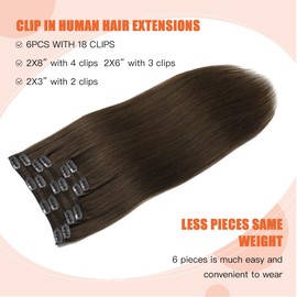 XDhair Clip-In Real Hair Extensions, 14 Inches / 35 cm, 100 g, Medium Brown Hair Extensions, Dark Brown Braid, Real Hair Thickening, #4 (#4-14 Inches)