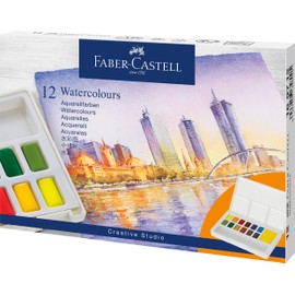 Faber-Castell 169712 Watercolour Paint Set, 12 Paint Bowls, Includes Mixing Palette and Water Tank Brush, for Beginners and Hobby Artists