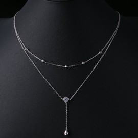 FLYOW Layered Necklace S925 Sterling Silver Teardrop Double Choker Y Lariat Long Necklace Valentines Day Birthday Gifts for Women