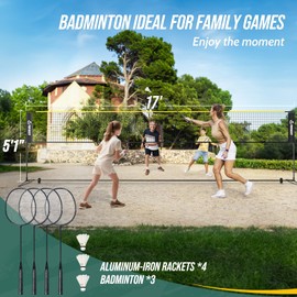Patiassy 5.1ft-7.4ft Adjustable Height Volleyball Badminton Net Set 17ft Portable Sports Net with Poles, 4 Badminton Rackets, 3 Shuttlecocks and 1 Volleyball for Indoor Outdoor