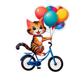 Cute Hello Cat Kitty on Bicycle with Balloons Decorative Vinyl Sticker Decal, Cartoon Design,Sticker Graphic - Auto, Wall, Laptop, Cell, Truck Sticker for Windows, Cars, Trucks