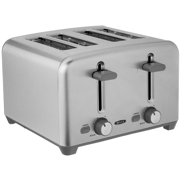 BELLA 4 Slice Toaster with Auto Shut Off - Extra Wide Slots and Removable Drop-Down Crumb Tray with Cancel and Reheat Function - For Texas Toast, Large Bread & Bagel, Stainless Steel