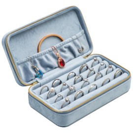 COWFEX Velvet Multiple Ring Box Jewelry Organizer Display Tray with Zipper Around Earring Holder Case for Wedding Birthday (Light Ocean Blue)