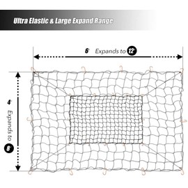 CZC AUTO Bungee Cargo Net 4x6Ft Truck Bed Net Stretches to 8x12Ft for Pickup Trailer RV SUV Boat |4Inch x 4Inch Mesh Net Holds Small and Large|12 Tangle Free Carabiners|Super Duty