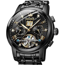 OLEVS Automatic Gold Watches for Men Luxury Classic Stainless Steel Calendar Luminous Waterproof Watches for Men - Color: Two Tone Strap - Blue Dial Gold Trim